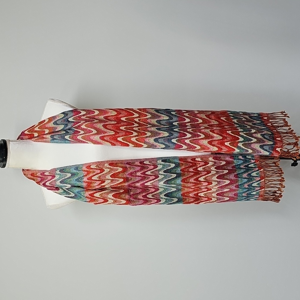 Lucky Brand Red Multi Color Patterned Fringed Scarf